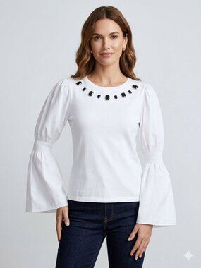 Alberto Makali White Top With Black Embellished Neckline Small NWT